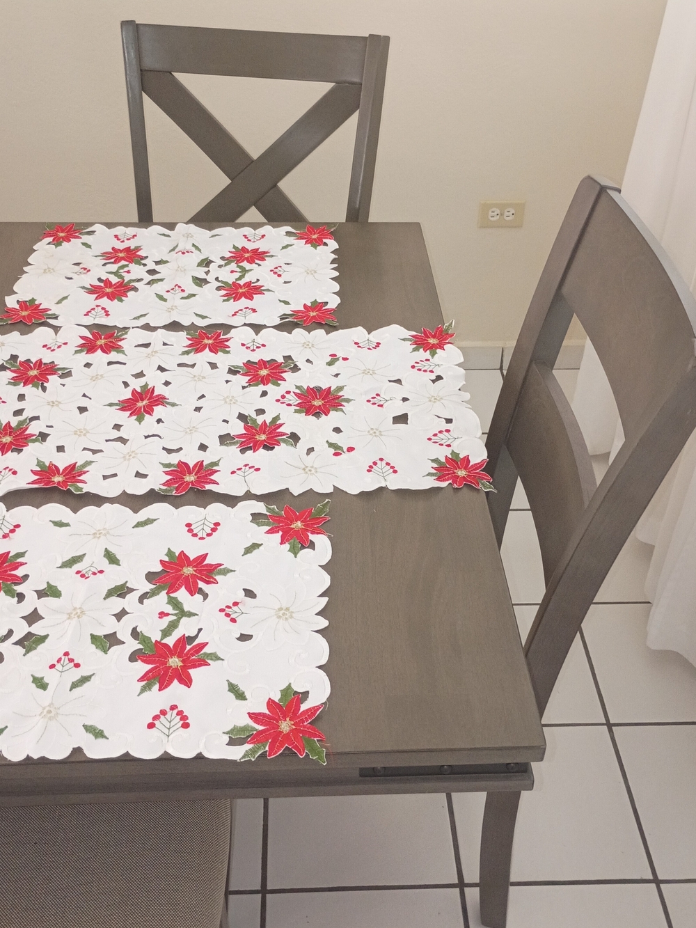 Festive White and Red Poinsettia Table Runner Set - Home Dining